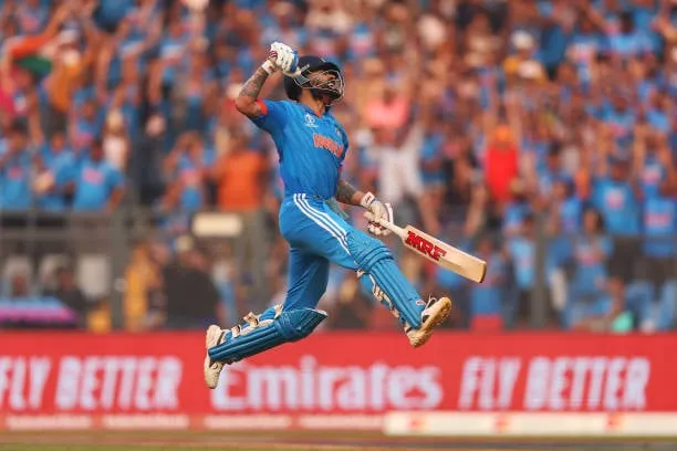 Virat Kohli jumps in the air to celebrate his 50th ODI Century  Getty
