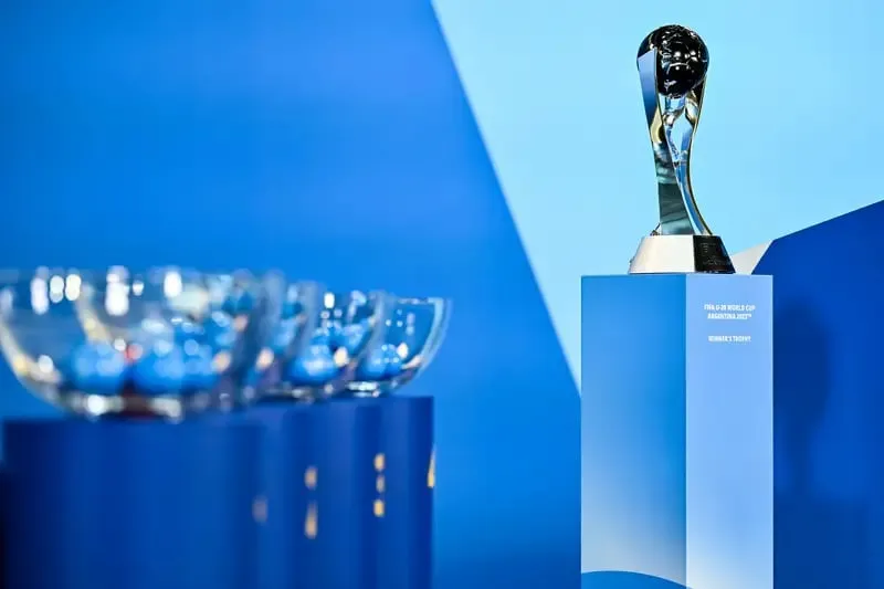 A view of the FIFA U-20 World Cup Winner's Trophy prior to the FIFA U-20 World Cup Argentina 2023 Draw at HoF, Home of FIFA on April 21, 2023 in Zurich, Switzerland. | Sportz Point