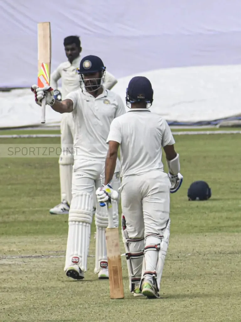 Sheldon Jackson after completing his fifty in the Ranji Trophy 2022-23 final, Day 2 at Eden Gardens, Kolkata. | Sportz Point