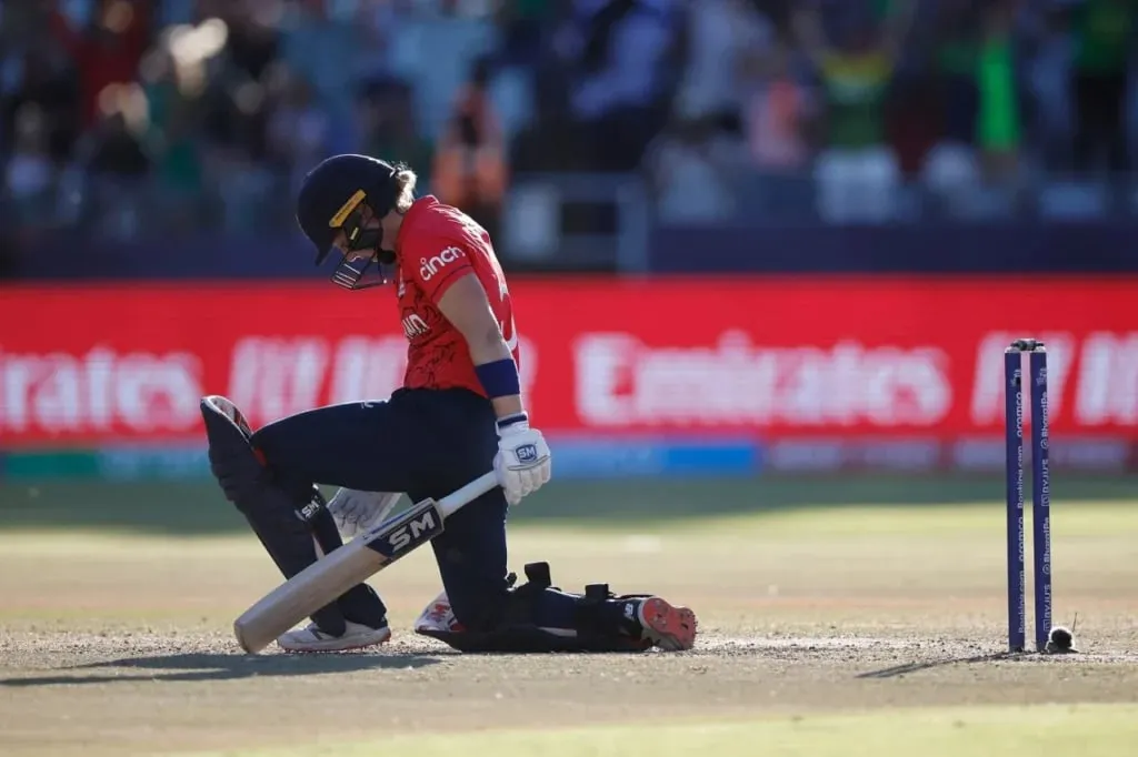 England captain Heather Knight looks distraught after getting knocked over by Shabnim Ismail | Sportz Point