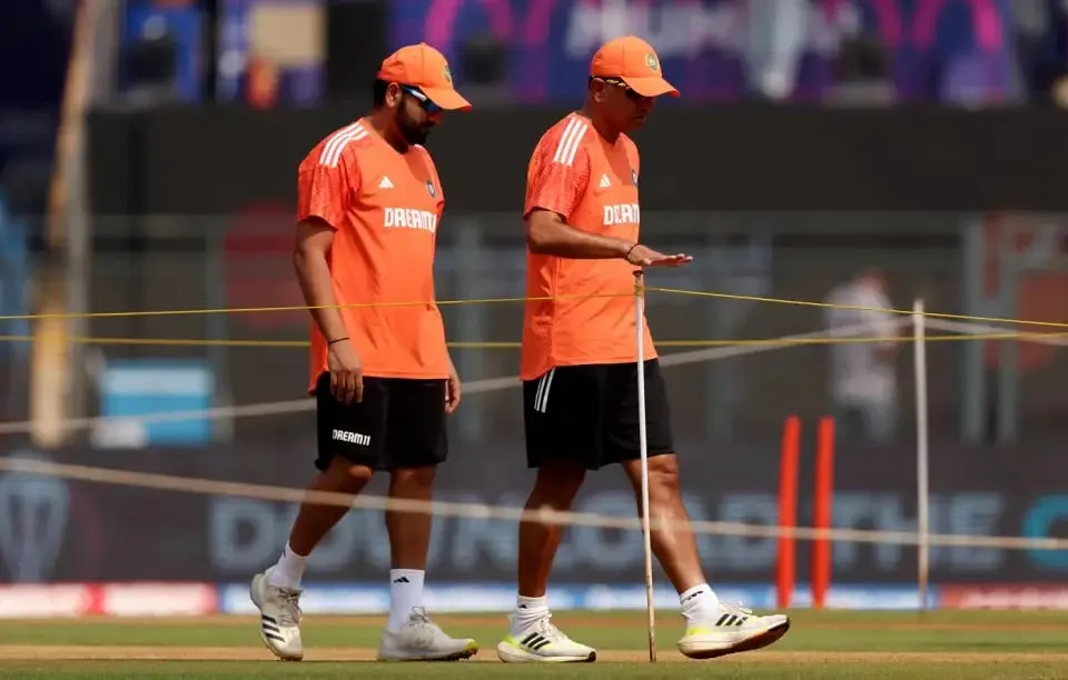 Rohit Sharma and Rahul Dravid inspect the Wankhede pitch  Image - Getty