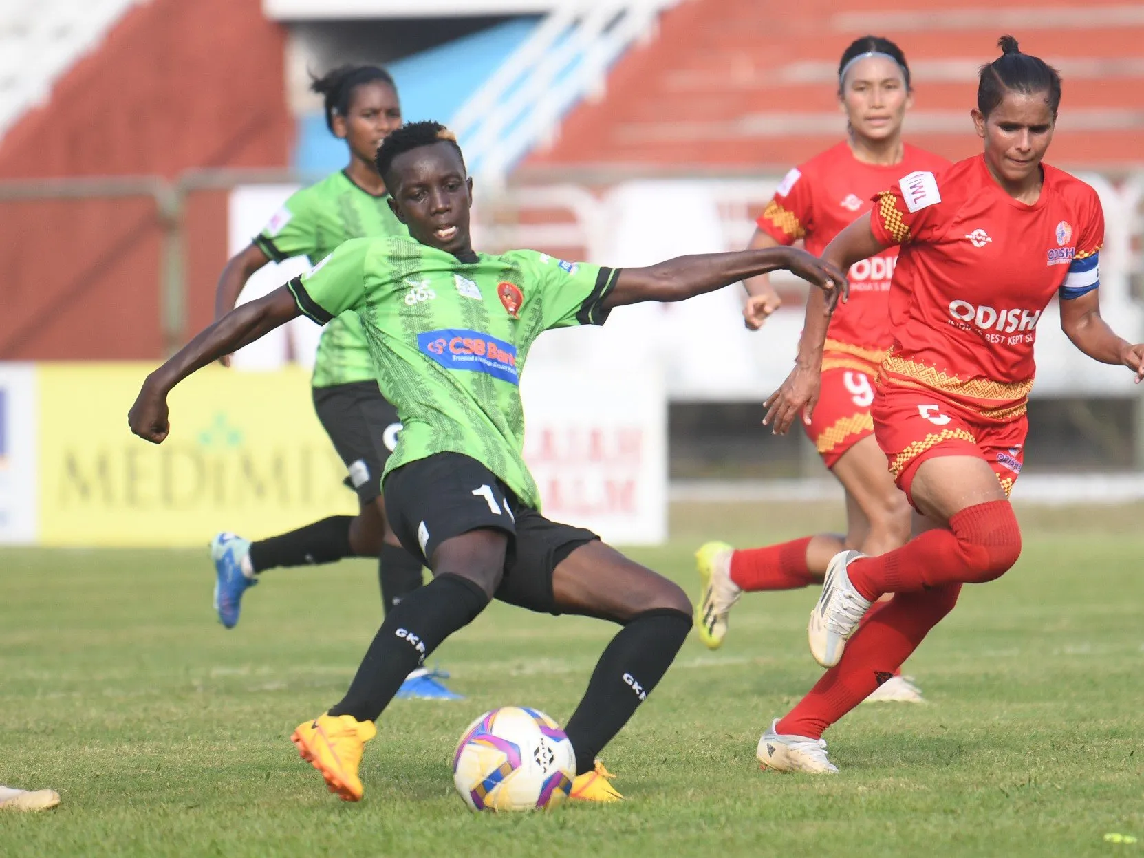 Fazila Ikwaput, Gokulam Kerala's Ugandan stirker scored a brace against Sports Odisha in IWL 2023-24.  Image | AIFF