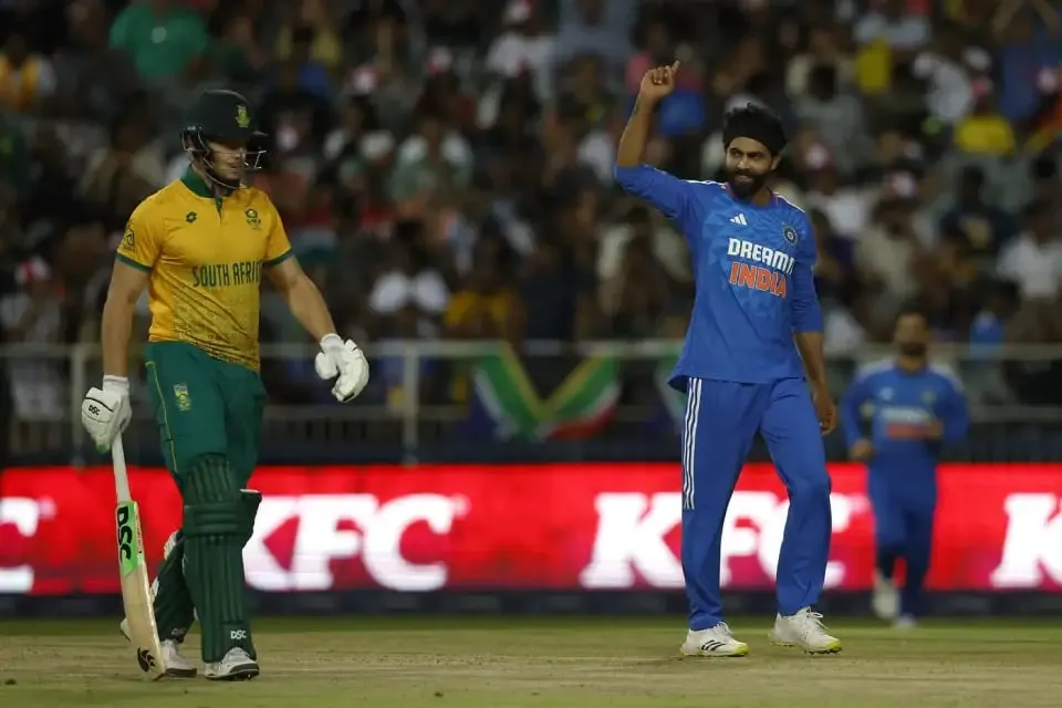 Ravindra Jadeja struck with his first ball during the SA vs IND 3rd T20I match  AFP/Getty Images