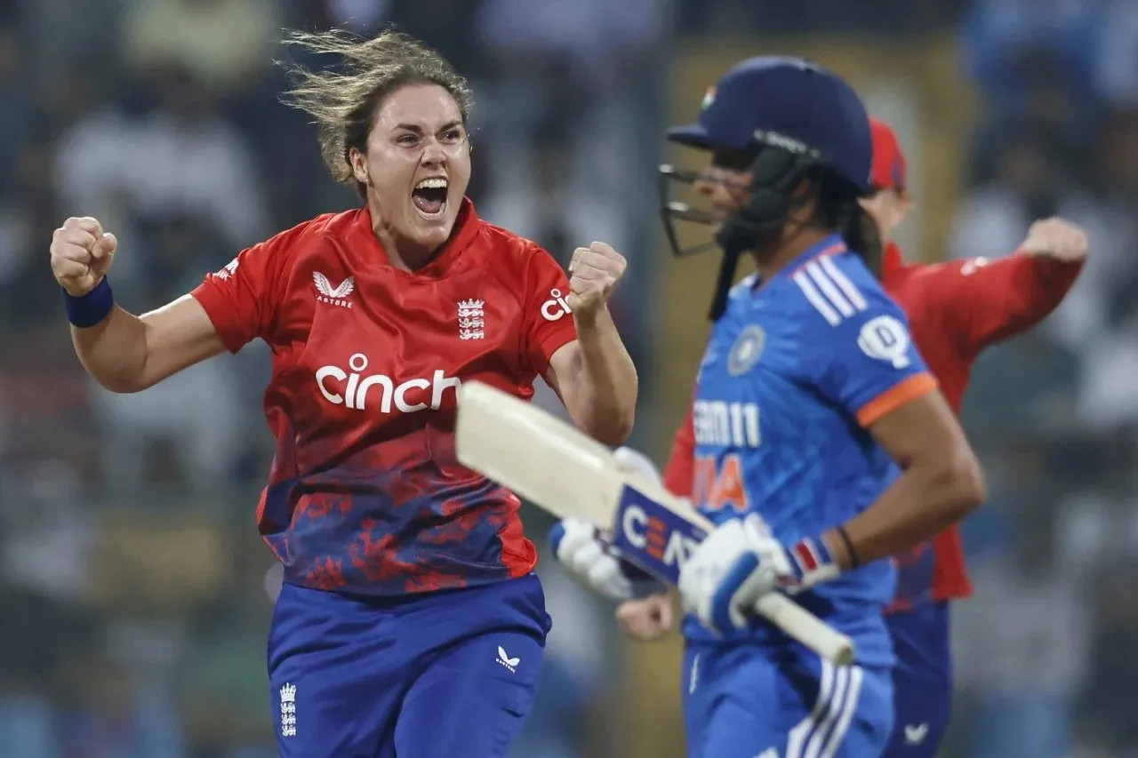Nat Sciver-Brunt after trapping Harmanpreet Kaur in front of the wicket in the INDW vs ENGW 2nd T20I LIVE.  Image | BCCI