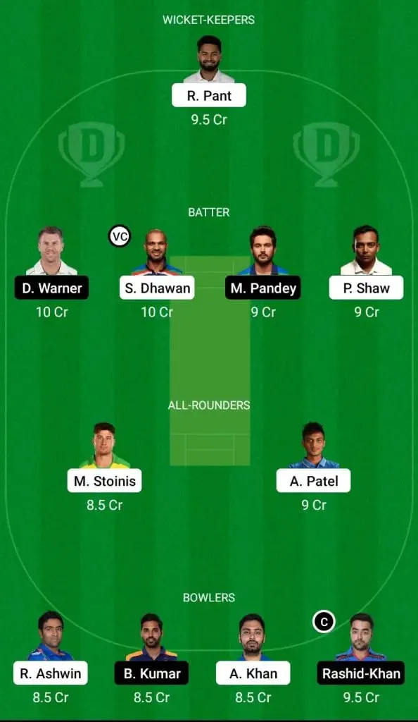 DC vs SRH Dream11 Fantasy team