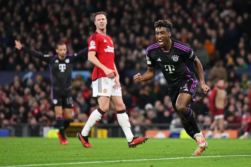 Kingsley Coman after his goal against Manchester United in the Champions League 2023-24 fixture.  Image | UEFA