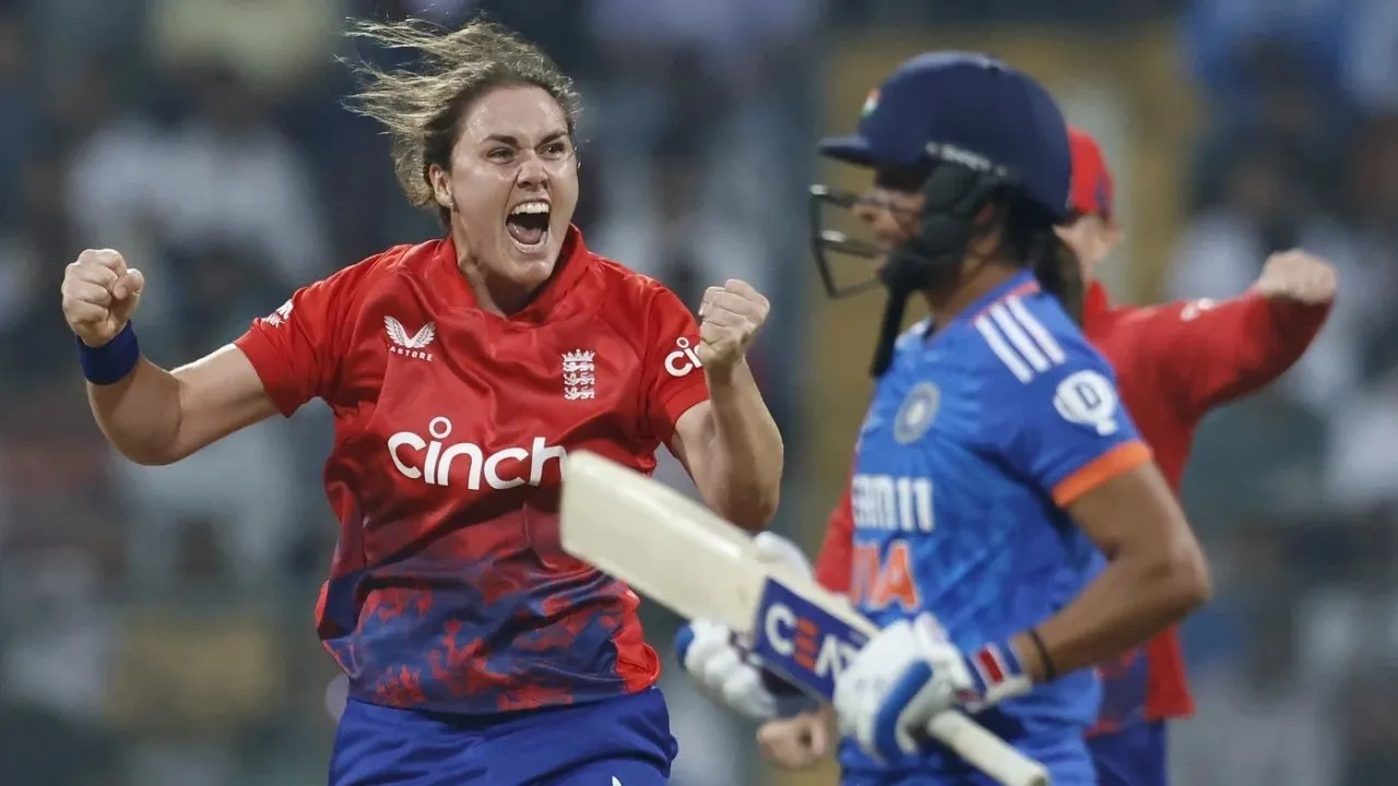 Nat Sciver-Brunt after trapping Harmanpreet Kaur in front of the wicket in the INDW vs ENGW 2nd T20I LIVE.  Image | BCCI