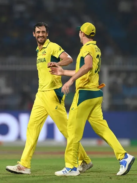 Starc celebrates with Hazlewood after getting the wicket of Maharaj  Getty Images