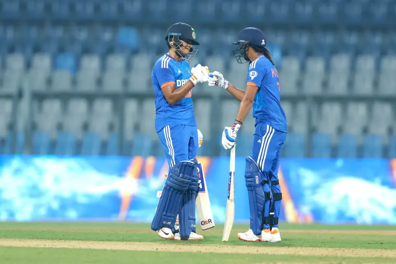 Harmanpreet Kaur after hitting one six and two boundaries against Kemp in the 9th over.  Image | BCCI
