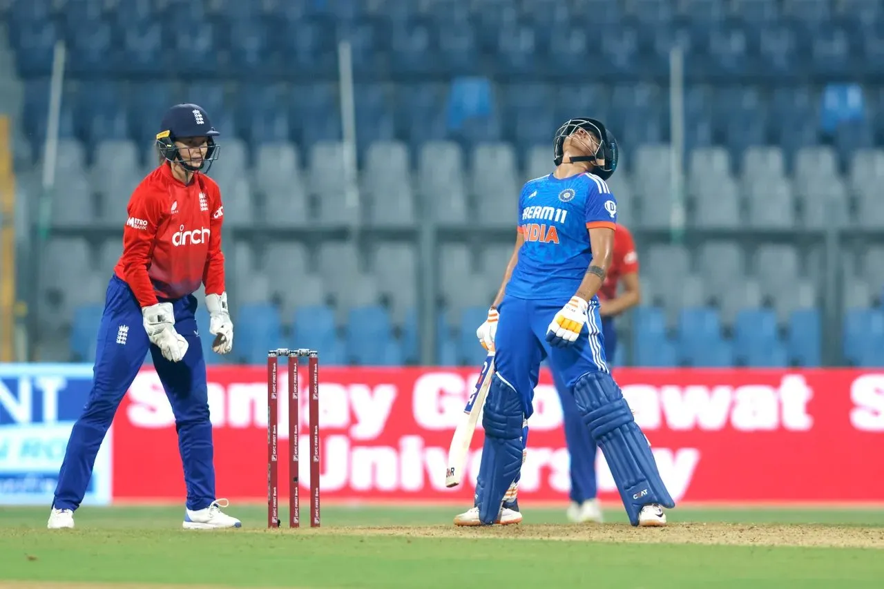 Shafa;i Verma after losing her wicket in the INDW vs ENGW 1st T20I.  Image | BCCI