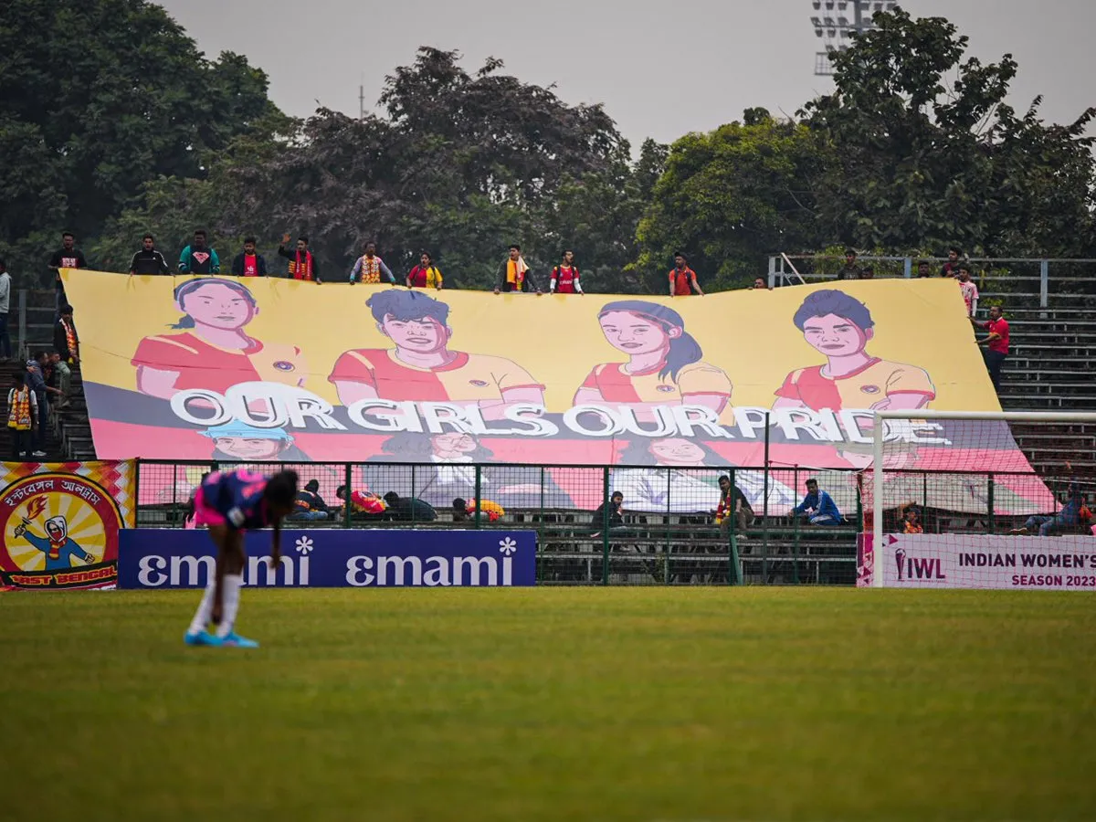 East Bengal fan's tiffo for the Women's team during the IWL 2023-24 game against Sethu FC  Image | East Bengal