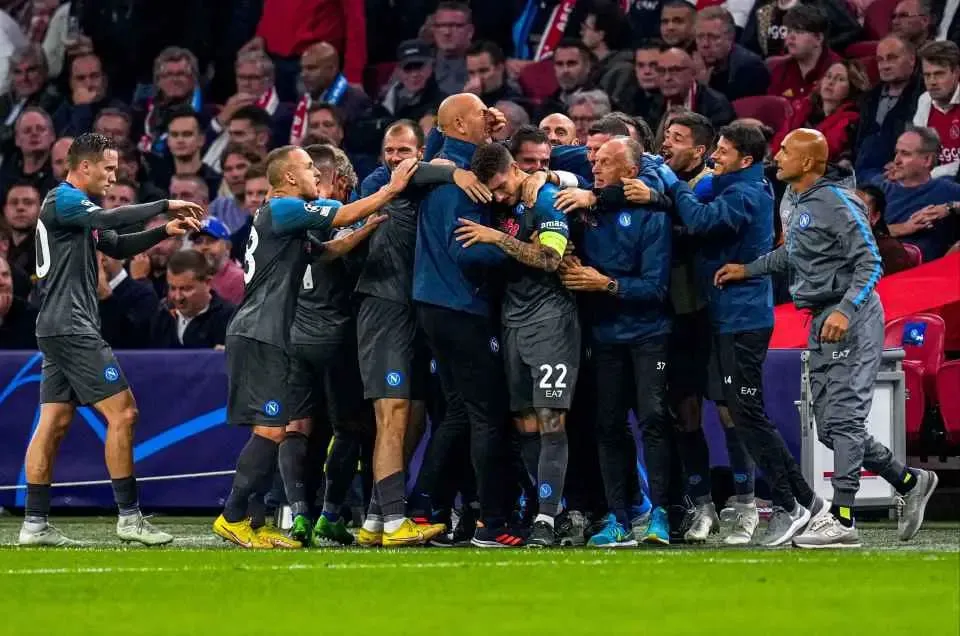 Luciano Spalletti leading Napoli as the most Exciting Club to watch in Europe: Napoli celebrating after knocking AJAX out of UCL | Sportz Point