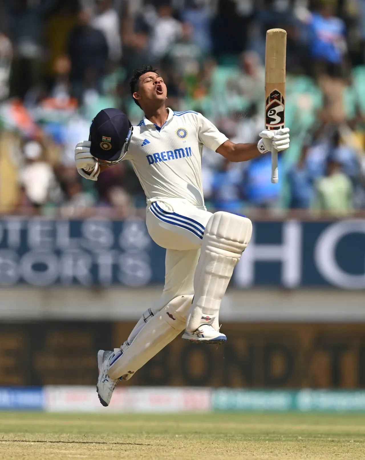 Yashasvi Jaiswal leaps in celebration after bringing up his double hundred  Image - Getty
