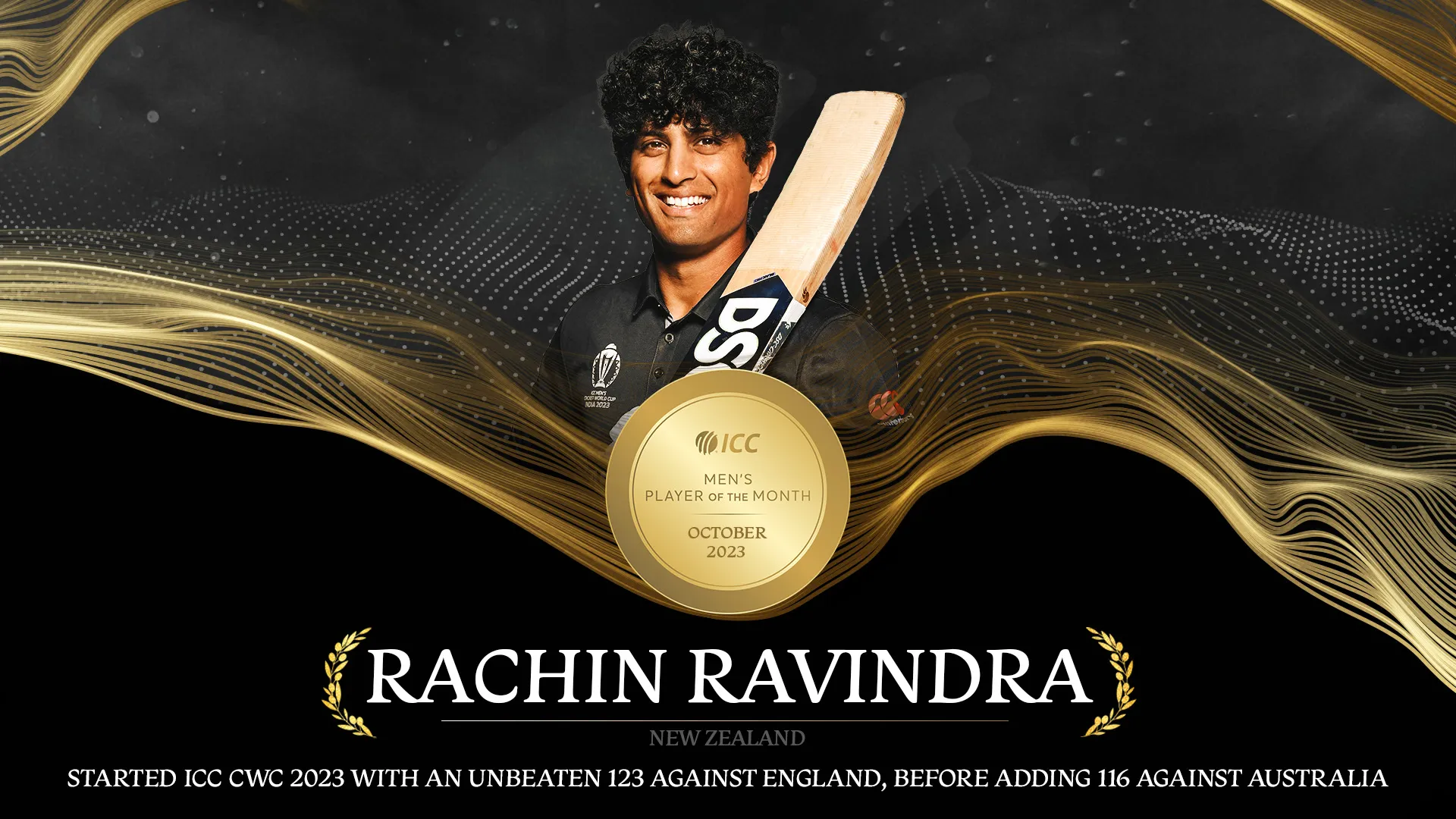 Rachin Ravindra has won the ICC player of the month award for October. Image- ICC Cricket World Cup  