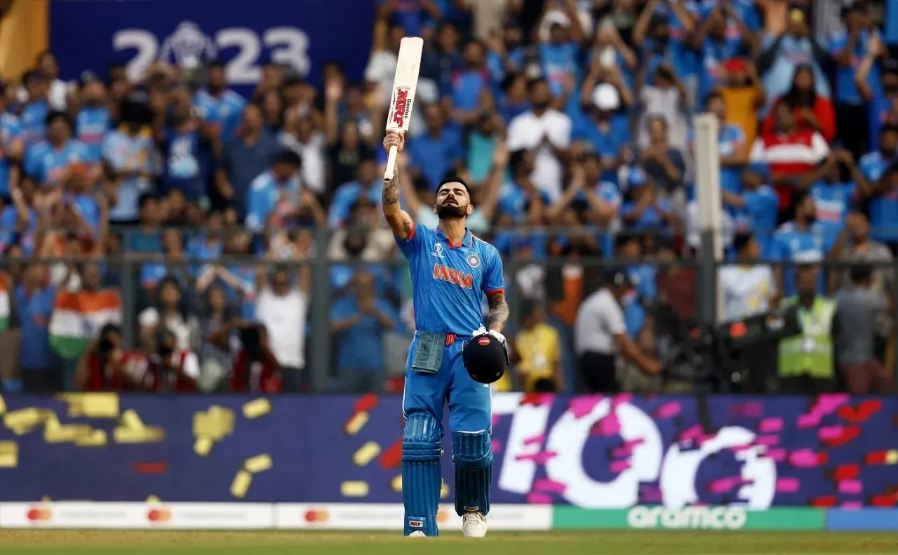 Indian cricketer Virat Kohli celebrates his 50th ODI hundred against New Zealand in the 1st Semi-final of ICC Men's World Cup 2023 in Mumbai.  ICC/Getty Images