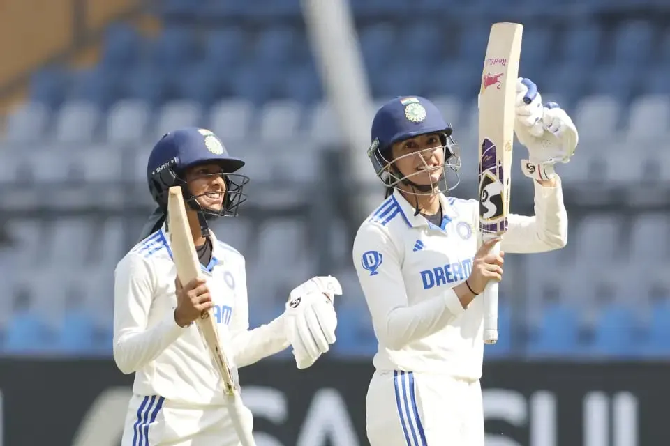 Smriti Mandhana and Jemimah Rodrigues acknowledge the applause after India's win in the India vs Australia Women's one-off test match  Image - BCCI