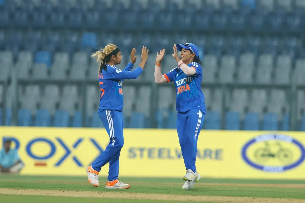 Saika Ishque celebrates her maiden international wicket.   Image | BCCI