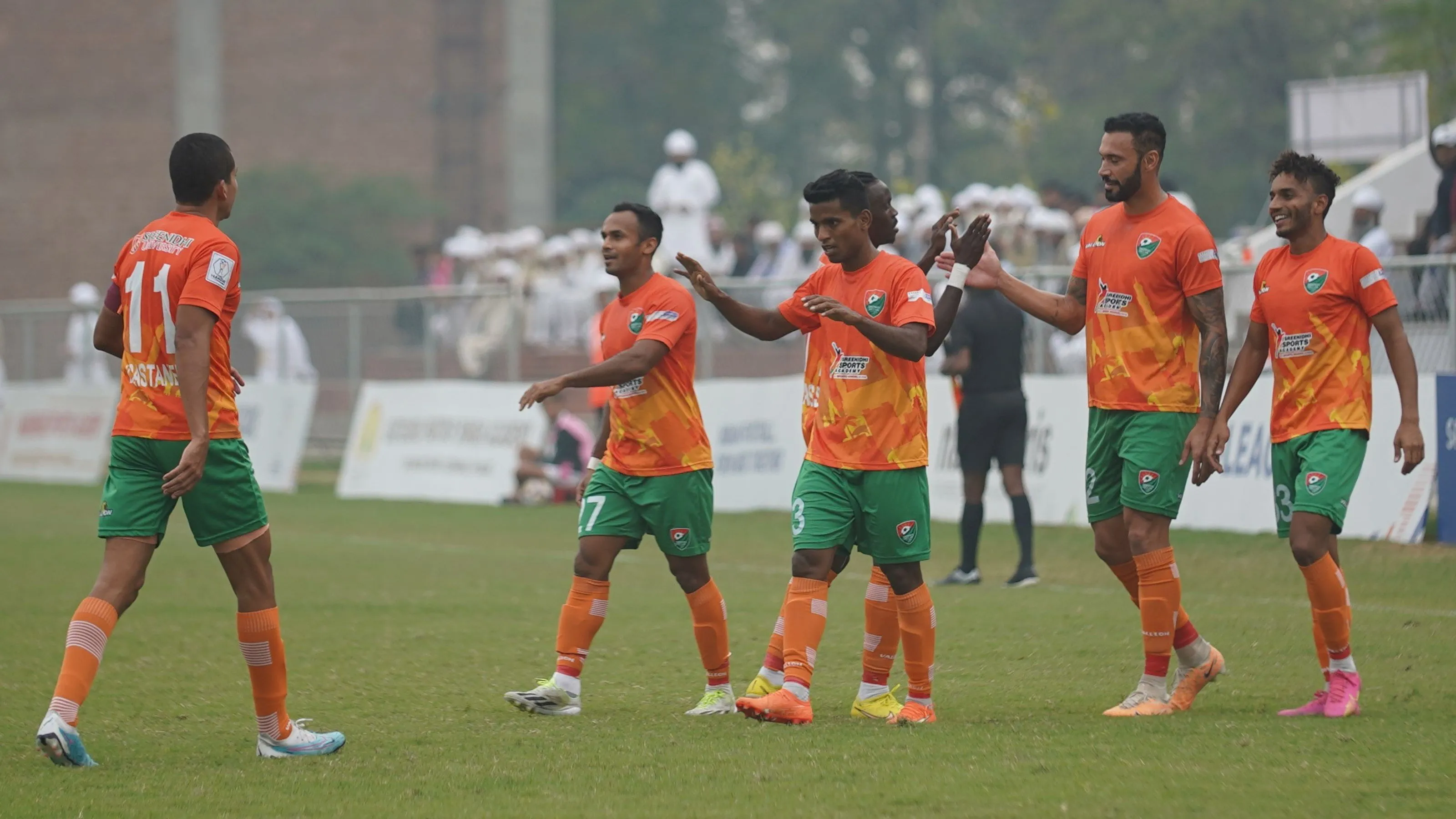 Sreenidi Deccan club players celebrating a goal in I-league 2023-24.  Image | AIFF