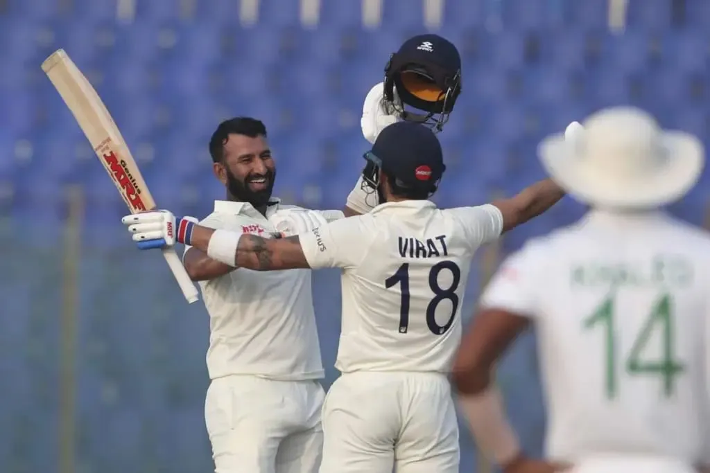 Cheteshwar Pujara after scoring his hundred against Bangladesh in Chattogram. | Sportz Point