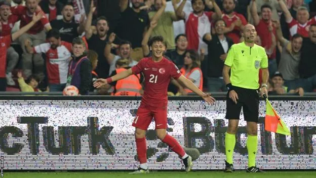 Arda Guler celebrates scoring his first goal for Turkey in a Euro 2024 qualifier against Wales | sportz point 