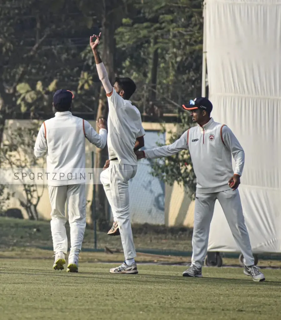 Mahesh Pithiya celebrating after getting out Sayan Shekhar Mondal in the Ranji Match against Bengal | Image by Koushik Biswas for Sportz Point