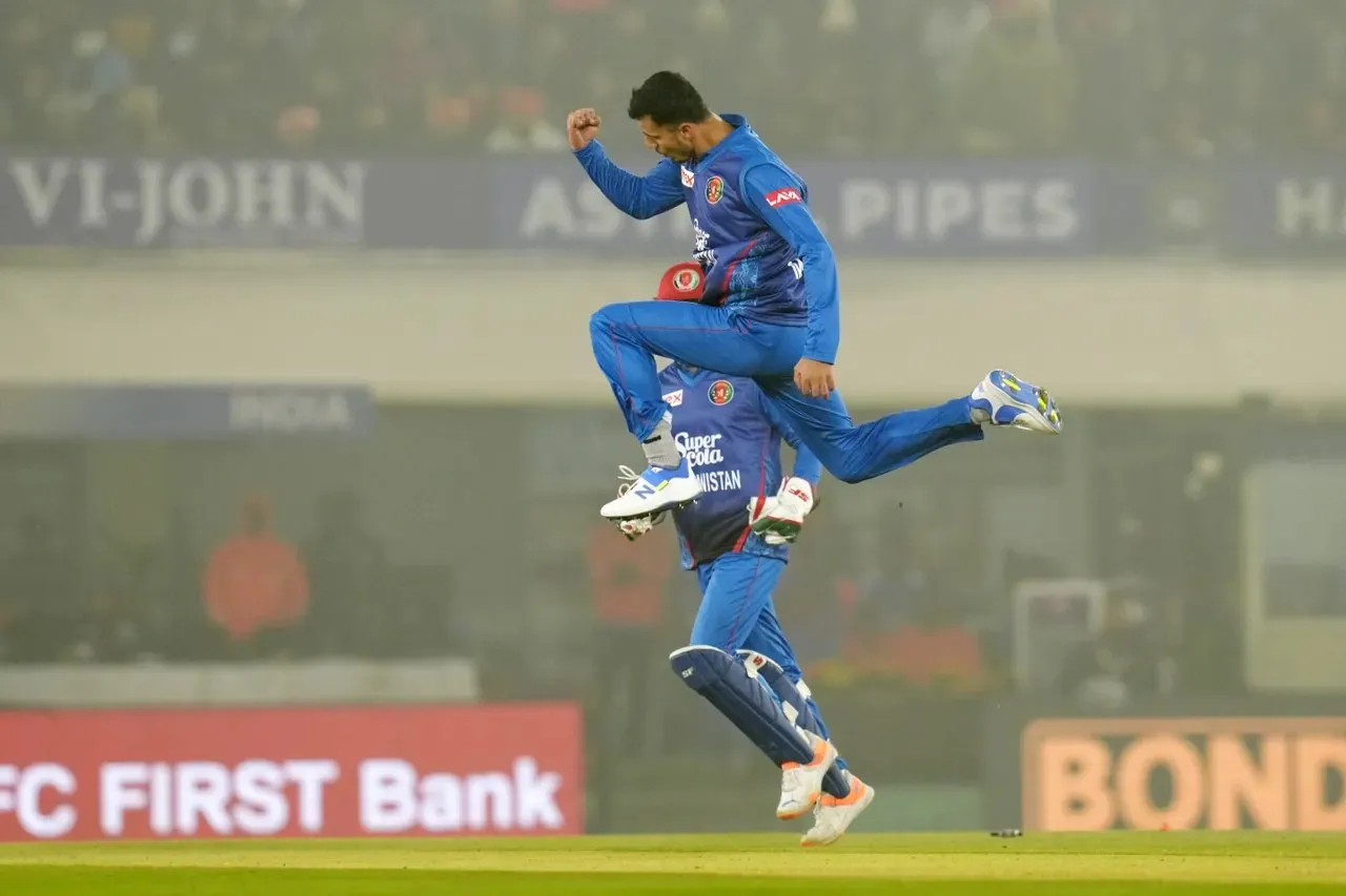 Mujeeb-Ur-Rahman celebrating after getting Shubman Gill out.  Image | BCCI