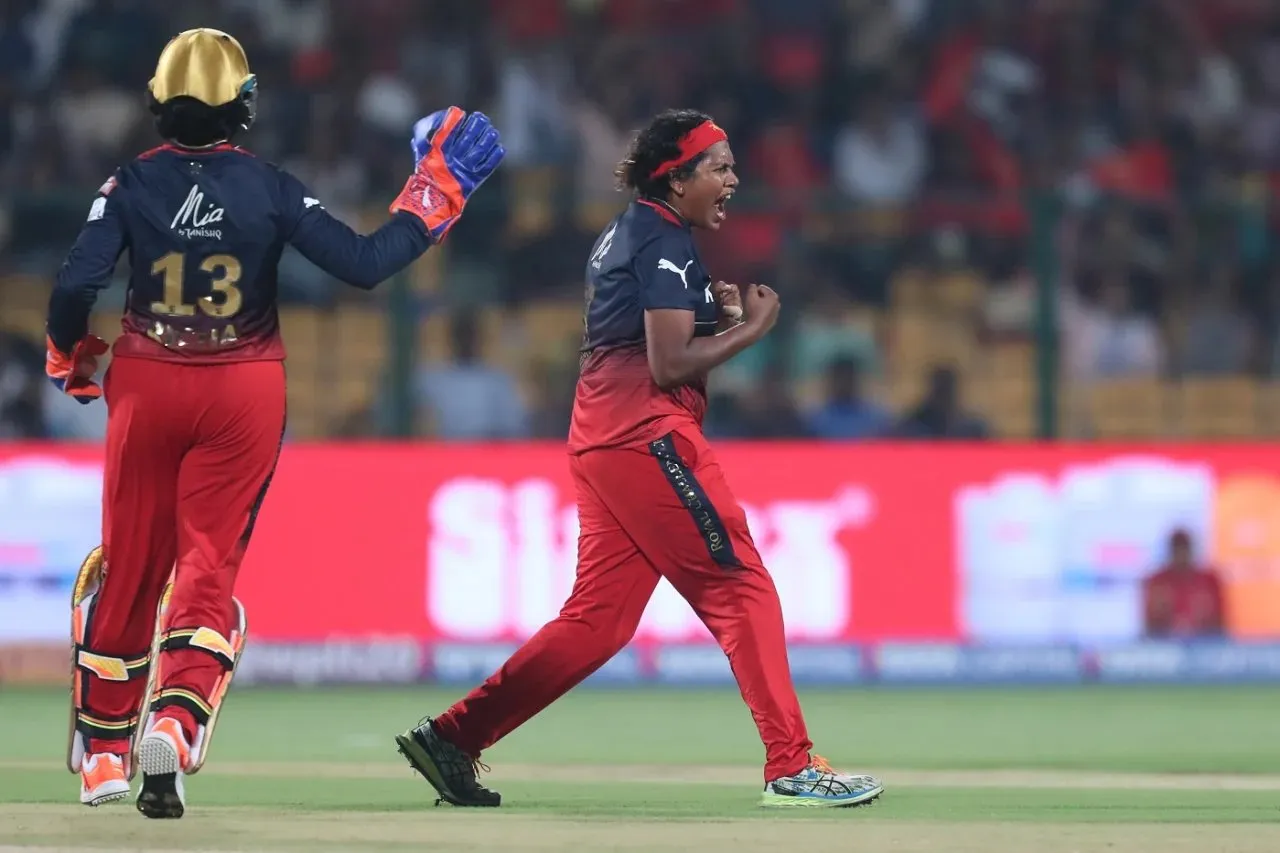 A jubilant Asha Shobana after getting rid of Vrinda Dinesh.  Image | BCCI