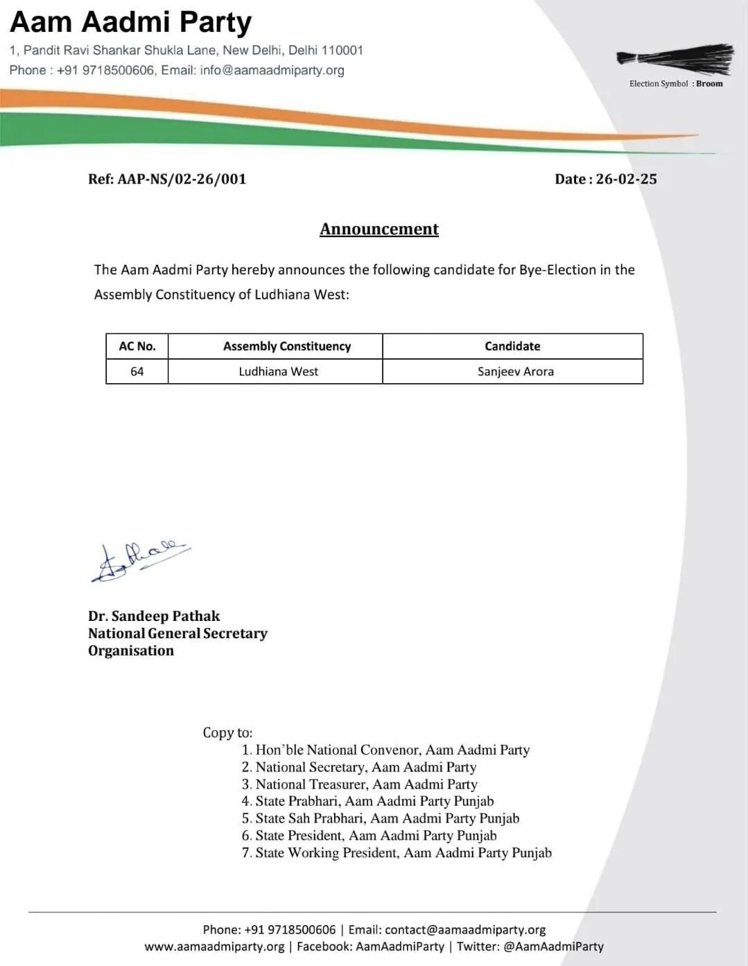 AAP sending RS MP to Punjab by-poll