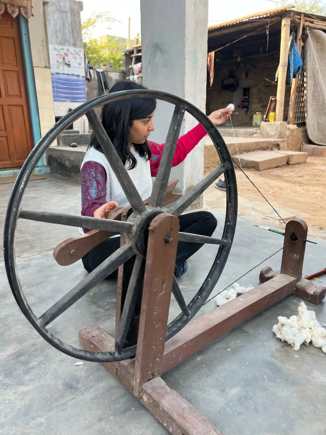 Aishwarya learning hand spinning of yarns -Jiwya
