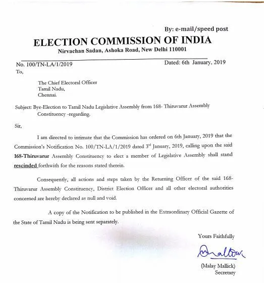 Election Commission of India, திருவாரூர் இடைத்தேர்தல்