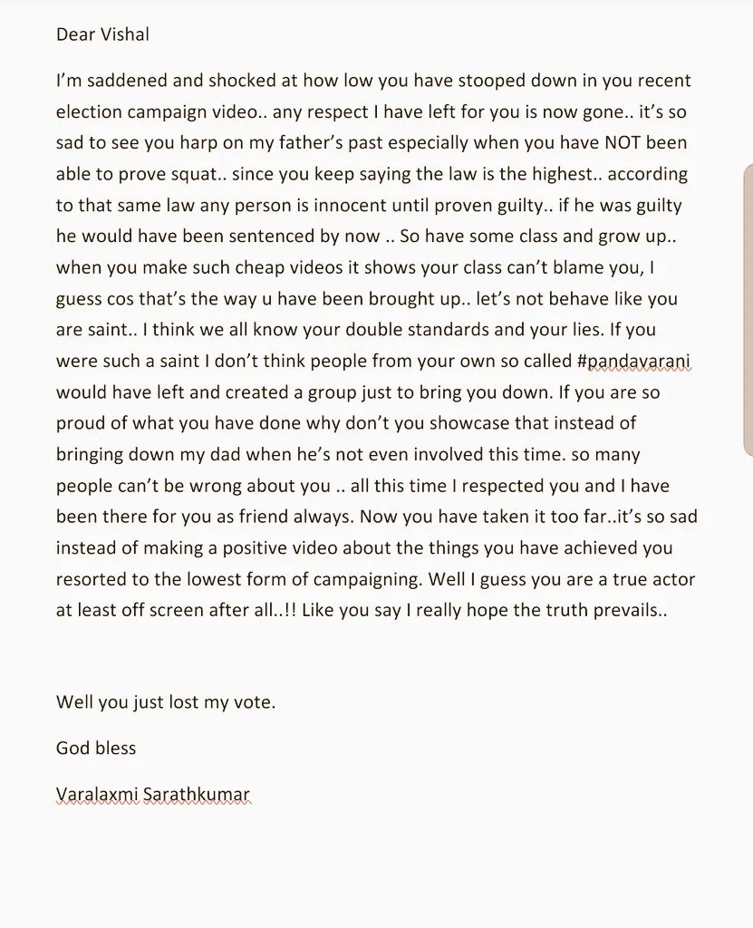 varalaxmi-sarathkumar's letter