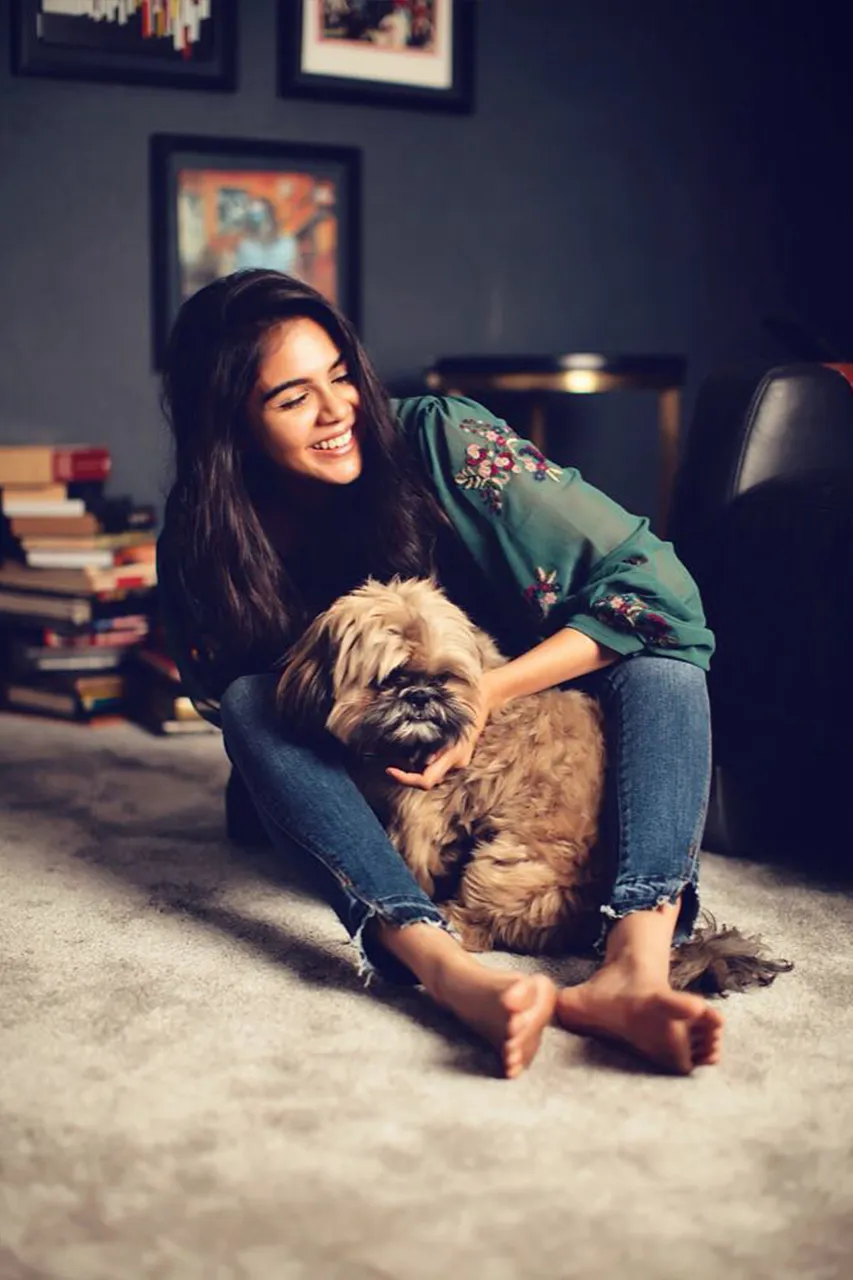 Kalyani Priyadharshan with pet dog