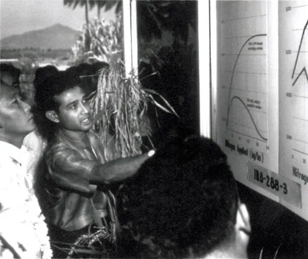 S K De Datta explaining his research data on IR-8-288-3 to President Marcos in 1966