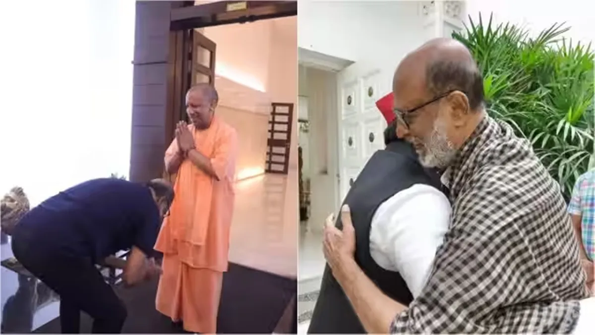 A bow for Yogi Adityanath hug for Akhilesh Yadav visit to Ayodhyas Hanuman Garhi temple Rajinikanth on UP tour