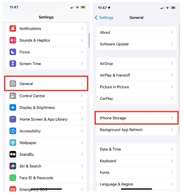 iPhone Storage settings