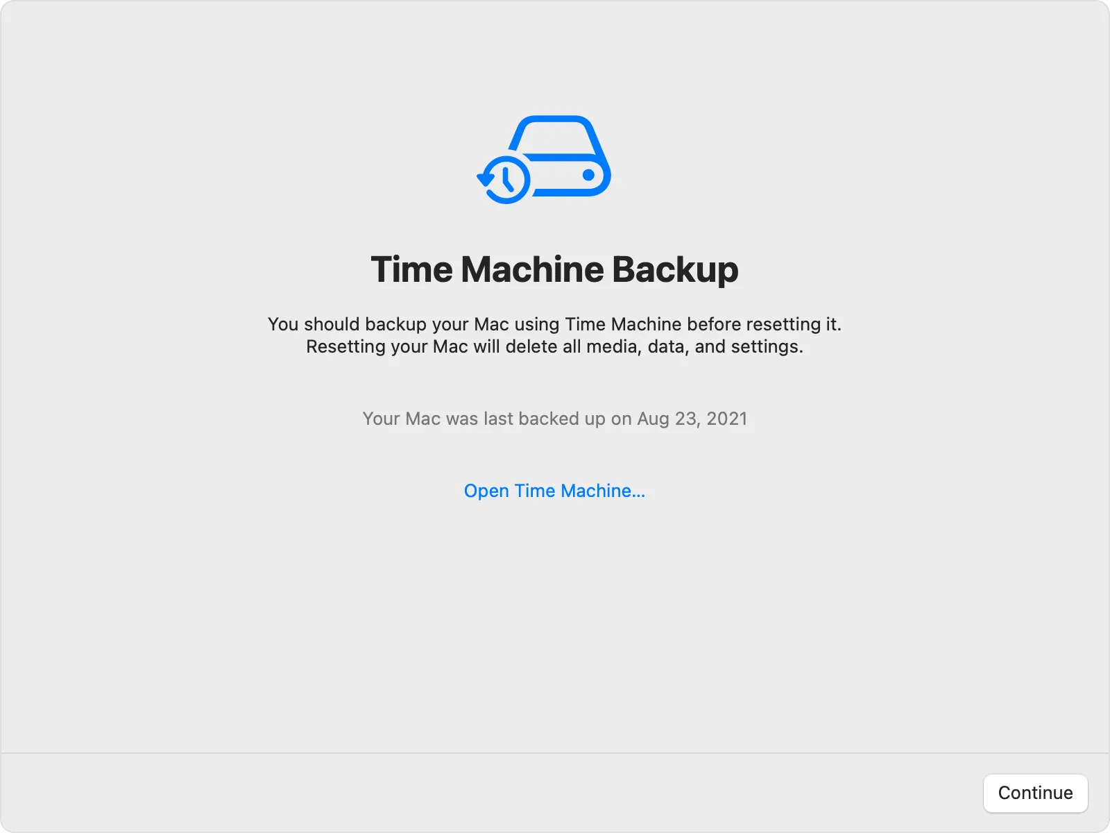 macOS Erase All Content & Settings Time Machine Backup window