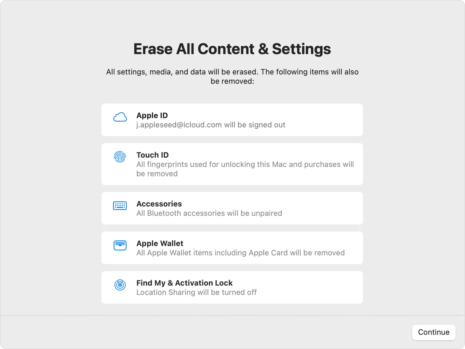 macOS Erase All Content & Settings window showing items that will also be removed