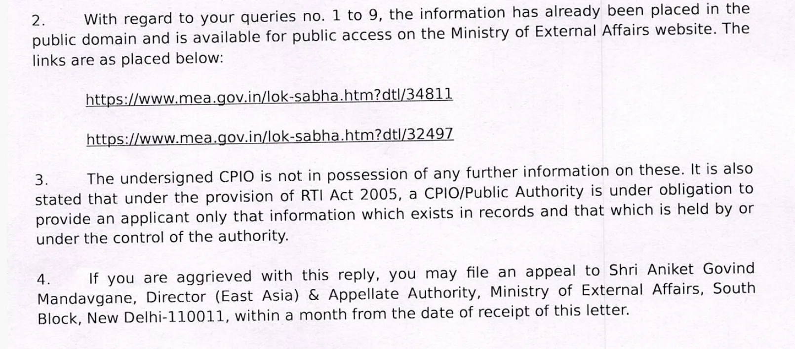 RTI reply from MEA on India-China border dispute