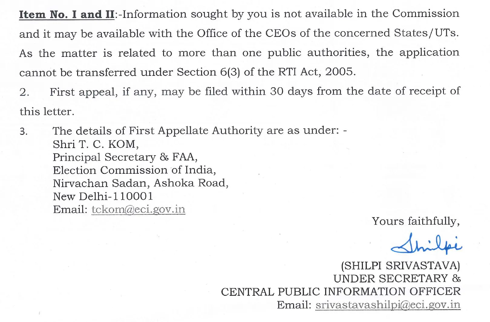 ECI's RTI Response