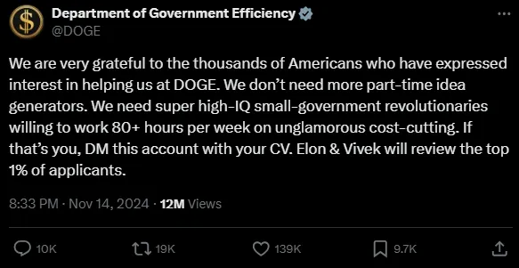 Elon Musk's DOGE is hiring: Super-high IQ, willing to work 80+ hours per  week - India Today