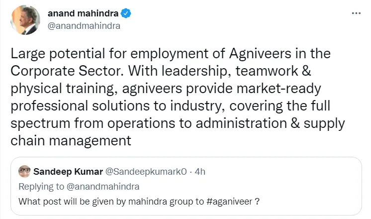 When asked what post Agniveers will be granted by a Twitter user, he said, 