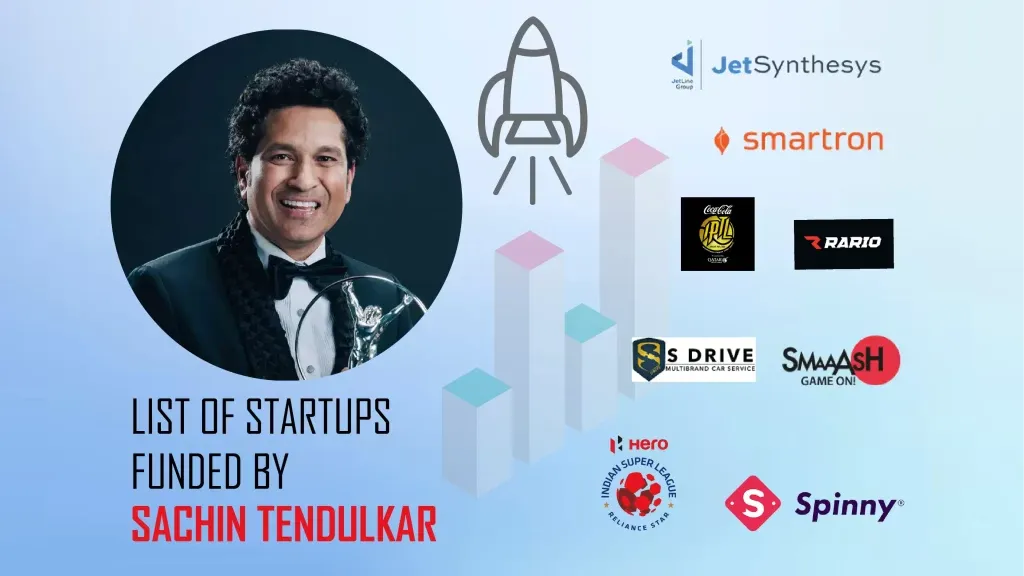 Smaaash Entertainment, JetSynthesys, International Tennis Premier League, Spinny, Smartron, Indian Super League, Musafir, True Blue, SRT Sports Management Private Limited, S Drive and Sach are the startups funded by Sachin Tendulkar.
