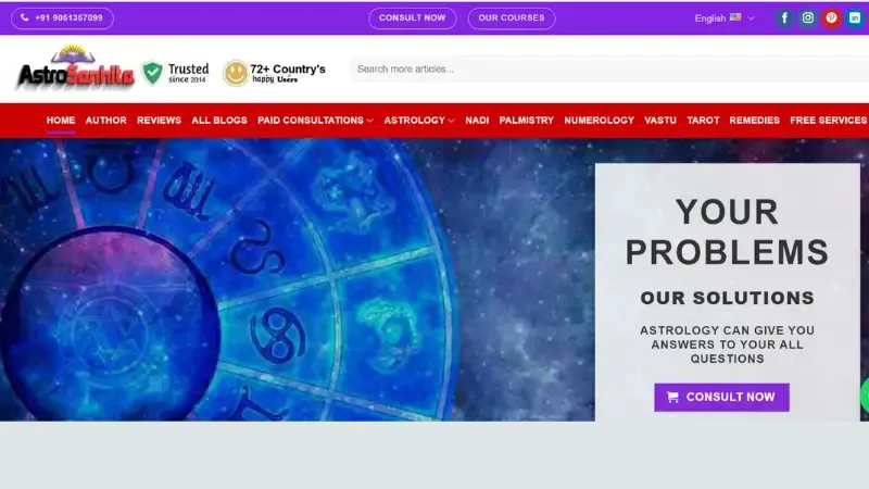 Astro Sanhita astrology website popular for palmist, Vastu expert, and numerologist