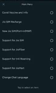 JioCare Menu Choices