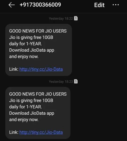 Jio Fake Message claiming users will get free 10 GB data daily
