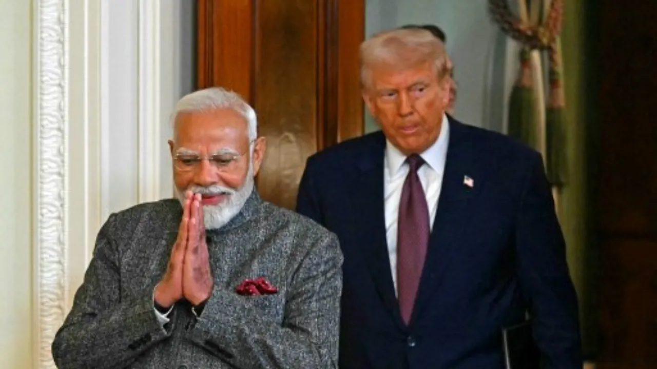  US President Donald Trump and Indian Prime Minister Narendra Modi arrive to hold a joint press conference in the East Room of the White House in Washington, DC, on February 13, 2025. Photograph: (AFP) 
