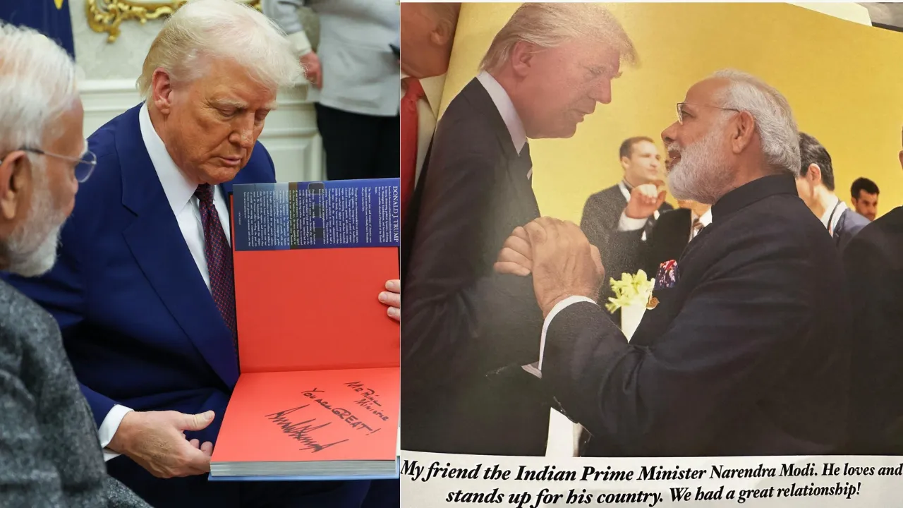  Donald Trump shows Narendra Modi his gift 'Our Journey Together'. Photograph: (WION Web Team) 