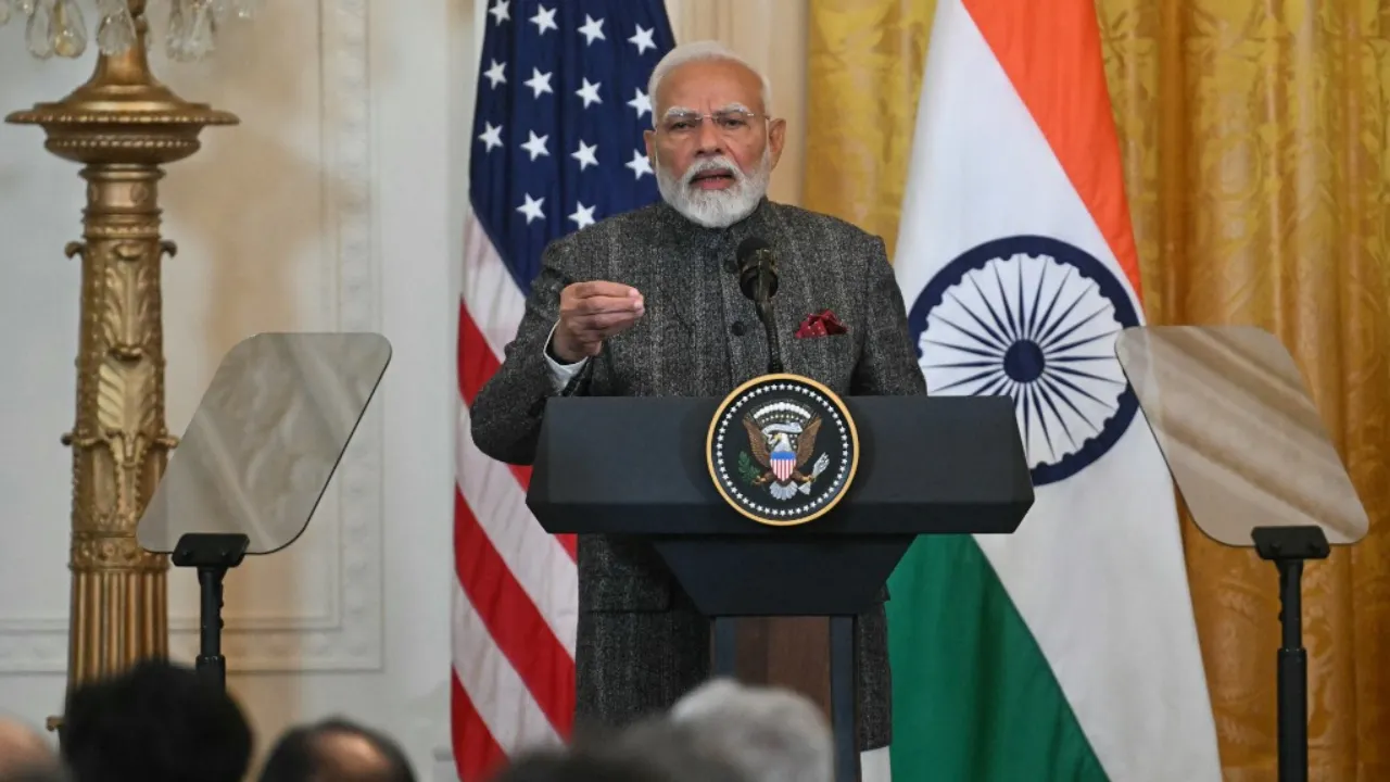  Indian Prime Minister Narendra Modi speaks during a press conference with US President Donald Trump in the East Room of the White House in Washington, DC, on February 13, 2025. Photograph: (AFP) 
