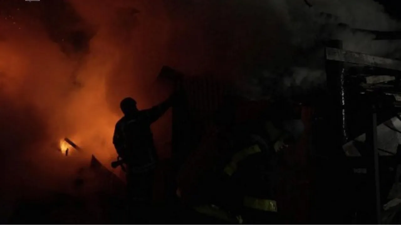  This handout photograph taken by Ukrainian State Emergency Service and released on February 23, 2025, shows firefighters working to extinguish a fire at the site following a massive drone attack, in Kyiv, amid the Russian invasion of Ukraine. Photograph: (AFP) 