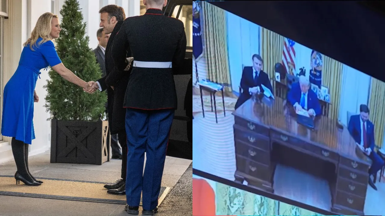  US President Donald Trump and French President Emmanuel Macron shake hands at the end of a joint press conference in the East Room to the White House in Washington, DC, on February 24, 2025. Photograph: (Combination created using images from AFP and X) 